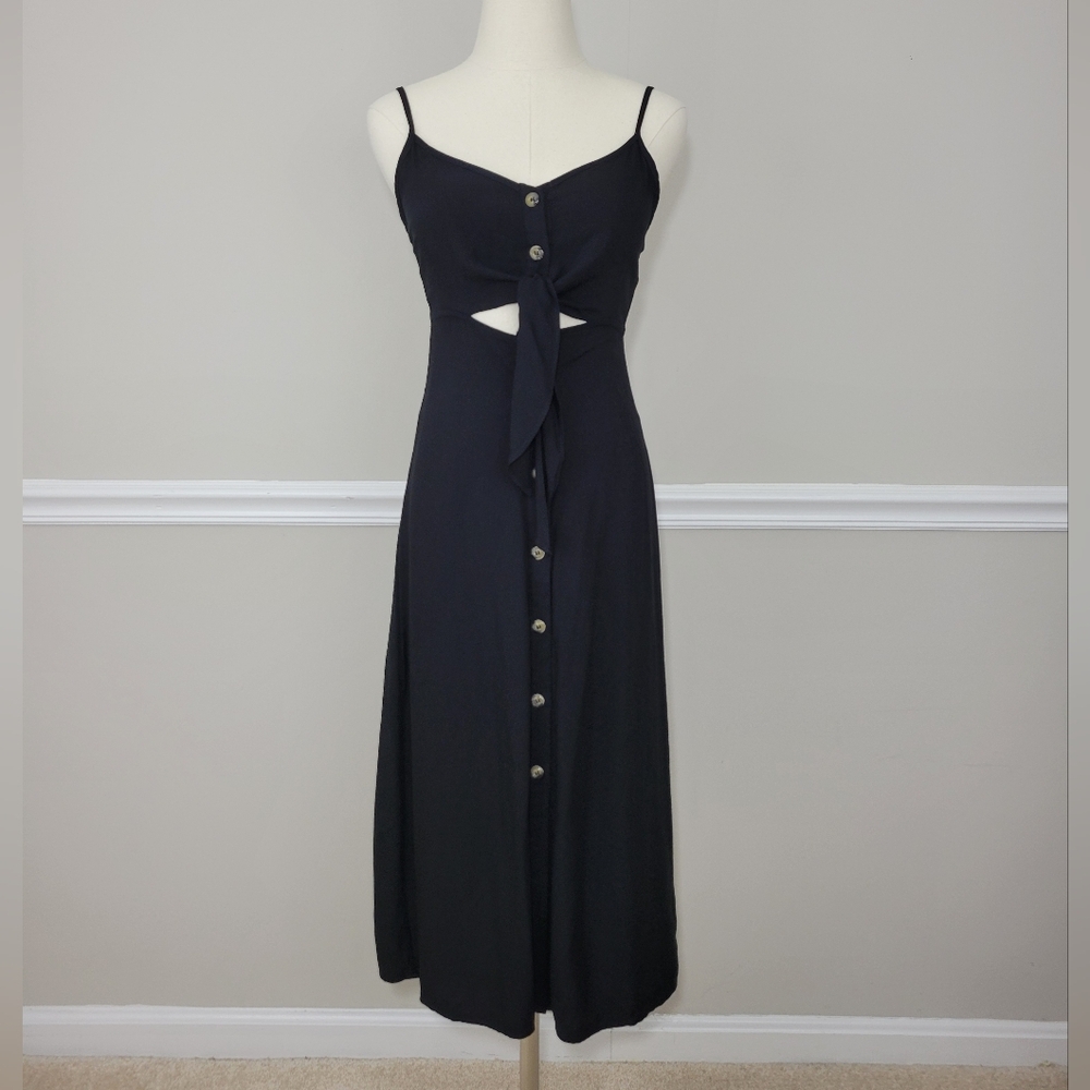 Miami by Francisca's Black Tie Front Button Down Midi Sleeveless Dress